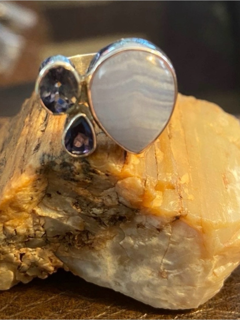 EUC Sterling Silver | Multi-Stone Ring | Blue Lace Agate + Amethyst | Size 7.5